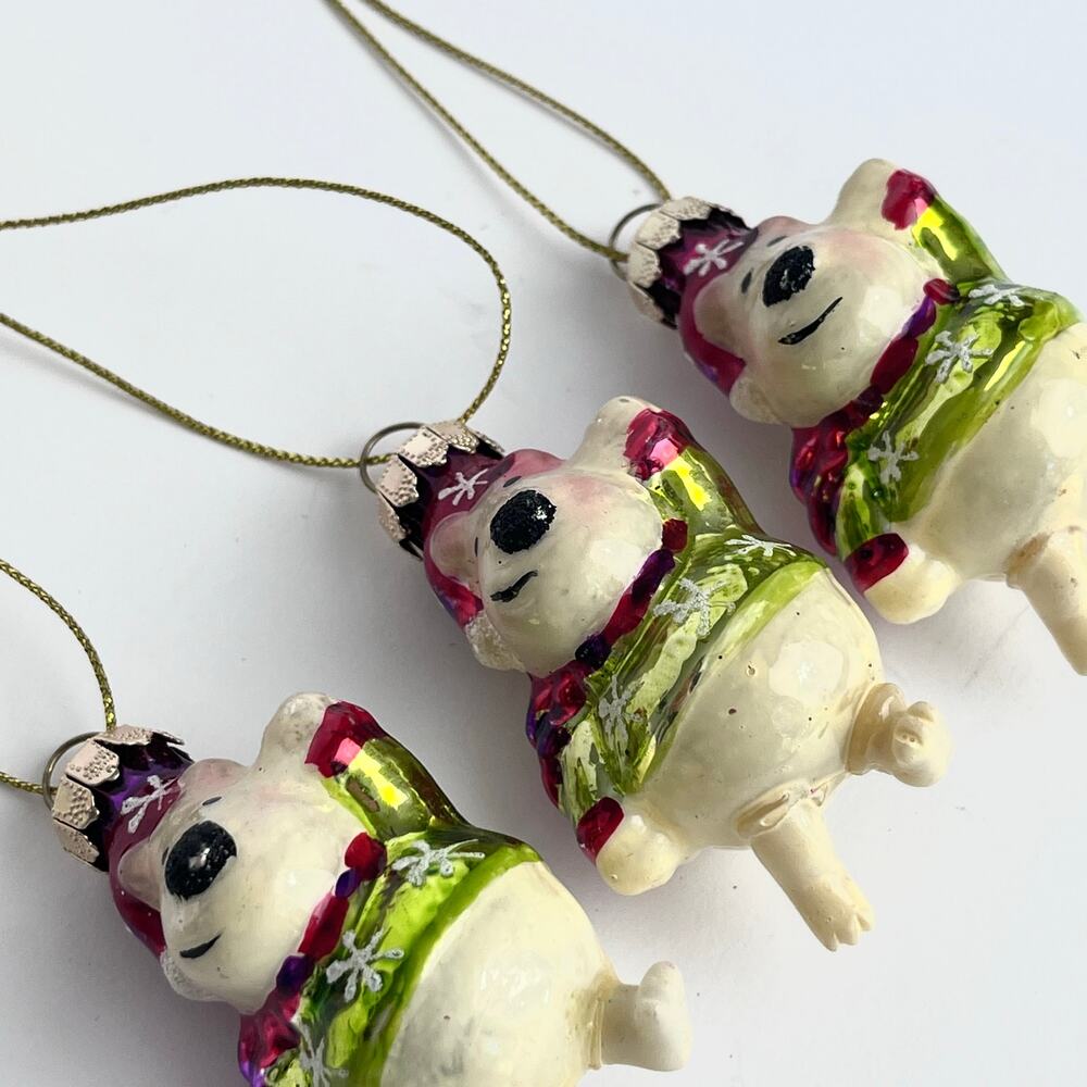 Set of 3 VTG 90s Rauch Molded Glass Waving Polar Bear Christmas Ornaments Whimsy
